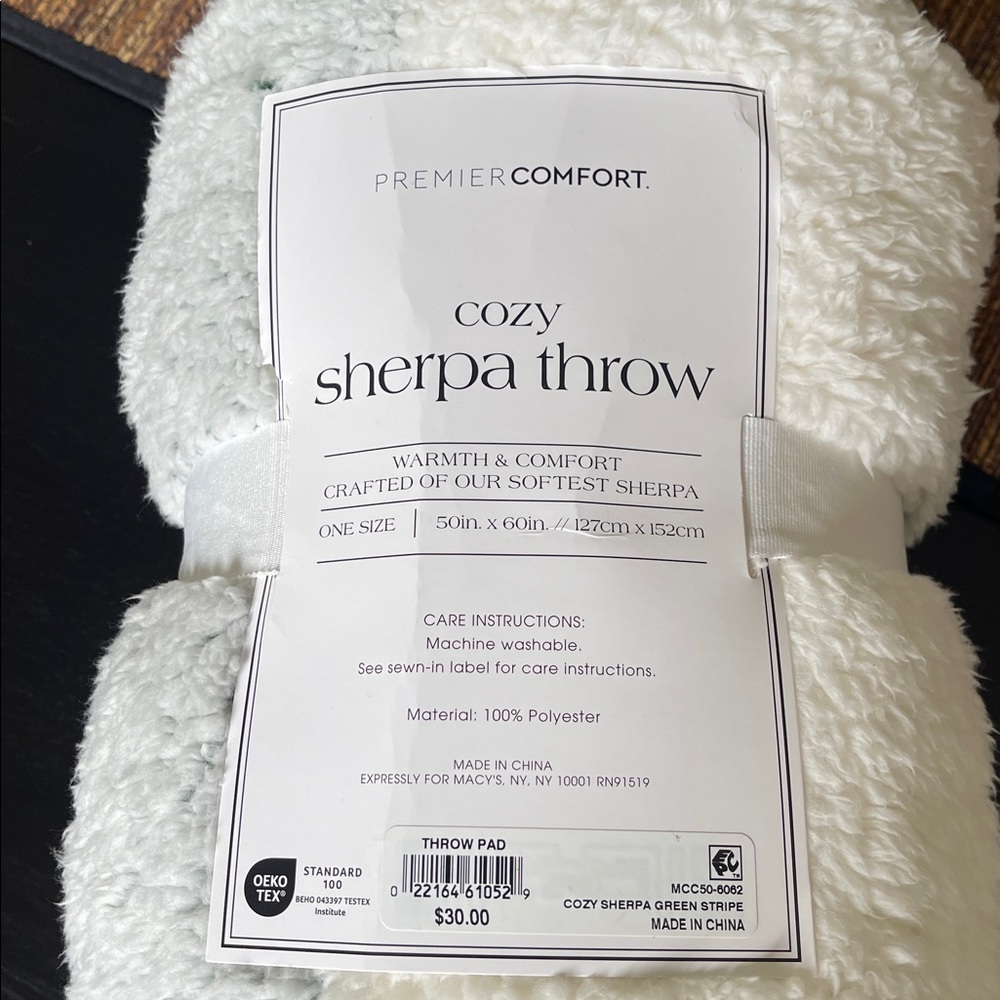 NWT Macy’s Warm Sherpa Throw Blanket 50” x 60” OEKO TEX 100% Polyester White
